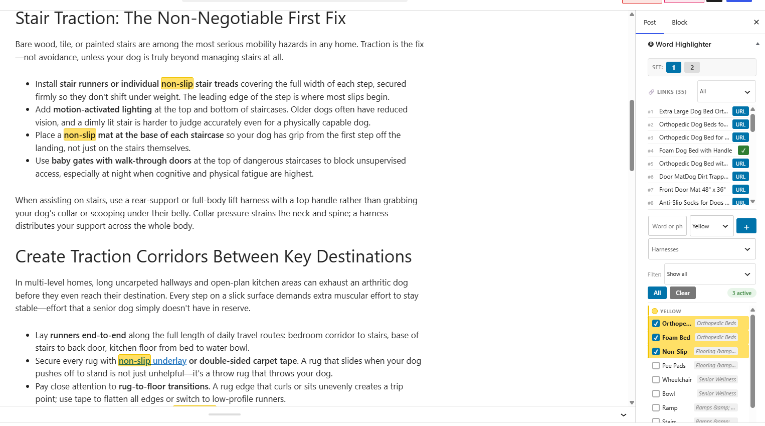 Word Highlighter panel open in the WordPress block editor sidebar, showing word and link libraries