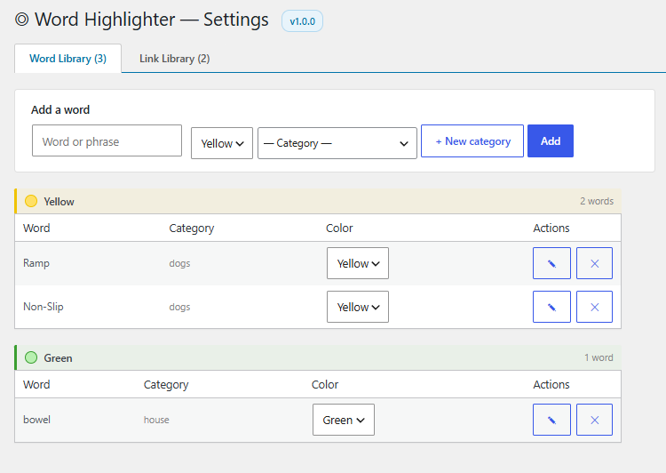 Word Library settings screen, listing words grouped by color category