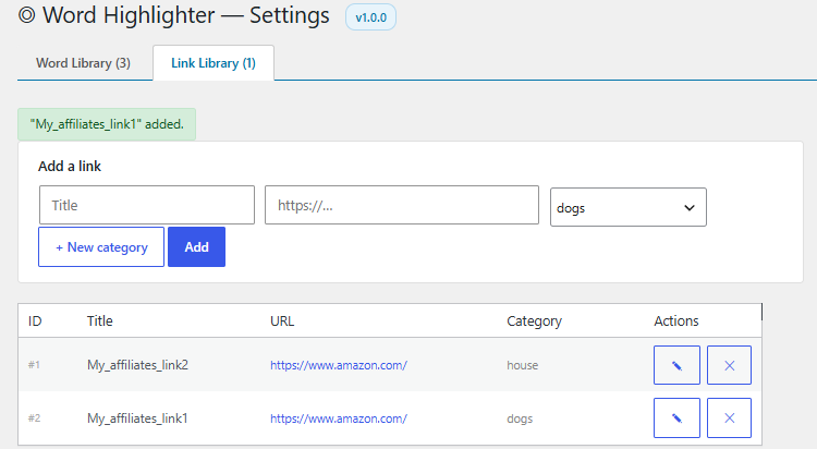 Link Library settings screen, listing saved reference links