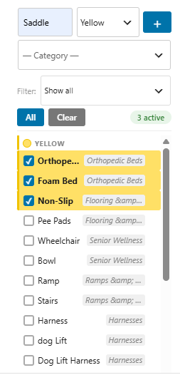 Word selection checklist grouped by color, with categories, in the editor sidebar